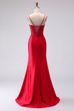Red Satin Mermaid Embroidered Lace Up Back Long Prom Dress with Slit