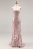 Sparkly Light Pink Strapless Sheath Long Prom Dress with Sequins