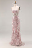Sparkly Light Pink Strapless Sheath Long Prom Dress with Sequins