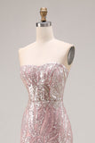 Sparkly Light Pink Strapless Sheath Long Prom Dress with Sequins