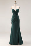 Dark Green Mermaid Strapless Appliqued Corset Ruched Prom Dress with Slit