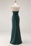 Dark Green Mermaid Strapless Appliqued Corset Ruched Prom Dress with Slit