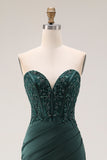 Dark Green Mermaid Strapless Appliqued Corset Ruched Prom Dress with Slit
