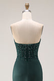Dark Green Mermaid Strapless Appliqued Corset Ruched Prom Dress with Slit