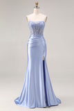 Dusty Blue Mermaid Beaded Satin Corset Long Prom Dress with Slit