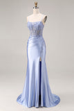 Dusty Blue Mermaid Beaded Satin Corset Long Prom Dress with Slit