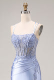 Dusty Blue Mermaid Beaded Satin Corset Long Prom Dress with Slit