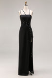 Black Sheath Satin Spaghetti Straps Long Formal Dress with Slit