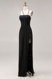 Black Sheath Satin Spaghetti Straps Long Formal Dress with Slit