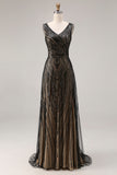 Sparkly Black Sheath V-Neck Beaded Long Prom Dress with Sequins