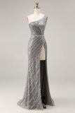 Sparkly Silver One Shoulder Mermaid Sequin Long Prom Dress with Slit