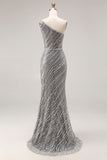 Sparkly Silver One Shoulder Mermaid Sequin Long Prom Dress with Slit