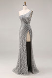 Sparkly Silver One Shoulder Mermaid Sequin Long Prom Dress with Slit