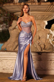 Mermaid Lilac Corset Beaded Strapless Long Prom Dress with Slit