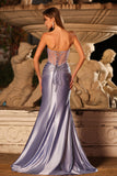 Mermaid Lilac Corset Beaded Strapless Long Prom Dress with Slit