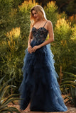 Navy Spaghetti Straps A Line Tiered Long Tulle Prom Dress with Slit
