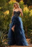 Navy Spaghetti Straps A Line Tiered Long Tulle Prom Dress with Slit