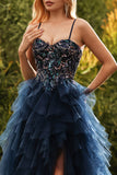 Navy Spaghetti Straps A Line Tiered Long Tulle Prom Dress with Slit