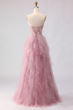 Pink Strapless A-Line Beaded Ruffled Long Prom Dress with Slit