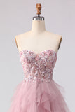 Pink Strapless A-Line Beaded Ruffled Long Prom Dress with Slit