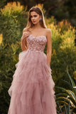 Pink A-Line Appliqued Tulle Spaghetti Straps Long Prom Dress with Ruffles