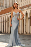 Sky Blue Strapless Mermaid Corset Beaded Long Prom Dress with Sequins