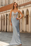 Dusty Blue Strapless Mermaid Corset Satin Long Prom Dress with Beading