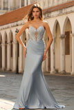 Dusty Blue Strapless Mermaid Corset Satin Long Prom Dress with Beading