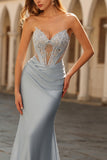 Dusty Blue Strapless Mermaid Corset Satin Long Prom Dress with Beading