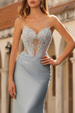 Sky Blue Strapless Mermaid Corset Beaded Long Prom Dress with Sequins