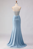 Sky Blue Strapless Mermaid Corset Beaded Long Prom Dress with Sequins