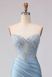 Sky Blue Strapless Mermaid Corset Beaded Long Prom Dress with Sequins