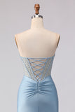 Sky Blue Strapless Mermaid Corset Beaded Long Prom Dress with Sequins