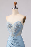 Sky Blue Strapless Mermaid Corset Beaded Long Prom Dress with Sequins