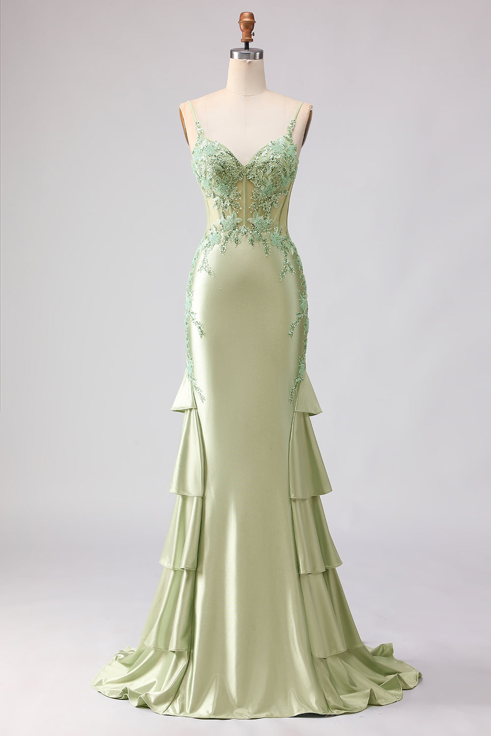 Zapaka Women Light Green Long Prom Dress with Lace Up Back Mermaid Spaghetti Straps Corset Satin Ruffled Party Dress with Beading, Light Green / US2 Zapaka Women Light Green Long Prom Dress with Lace Up Back Mermaid Spaghetti Straps Corset Satin Ruffled Party Dress with Beading, Light Green / US2
