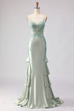 Light Green Mermaid Beaded Corset Ruffle Long Prom Dress with Lace Up Back