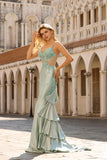 Mermaid Sheer Corset Beaded Light Green Long Prom Dress with Ruffles