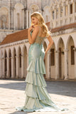 Mermaid Sheer Corset Beaded Light Green Long Prom Dress with Ruffles