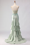 Light Green Mermaid Beaded Corset Ruffle Long Prom Dress with Lace Up Back
