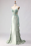 Light Green Mermaid Beaded Corset Ruffle Long Prom Dress with Lace Up Back