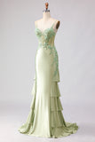 Light Green Mermaid Beaded Corset Ruffle Long Prom Dress with Lace Up Back