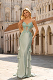 Mermaid Sheer Corset Beaded Light Green Long Prom Dress with Ruffles