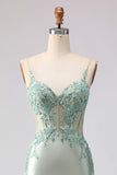 Light Green Mermaid Beaded Corset Ruffle Long Prom Dress with Lace Up Back