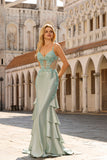 Sage Green Mermaid Ruffled Satin Corset Long Prom Dress with Appliques