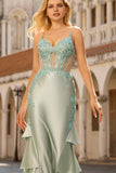 Sage Green Mermaid Ruffled Satin Corset Long Prom Dress with Appliques