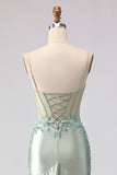 Light Green Mermaid Beaded Corset Ruffle Long Prom Dress with Lace Up Back
