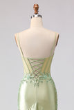 Light Green Mermaid Beaded Corset Ruffle Long Prom Dress with Lace Up Back