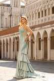 Mermaid Sheer Corset Beaded Light Green Long Prom Dress with Ruffles