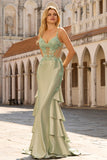 Sage Green Mermaid Ruffled Satin Corset Long Prom Dress with Appliques