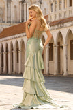 Sage Green Mermaid Ruffled Satin Corset Long Prom Dress with Appliques